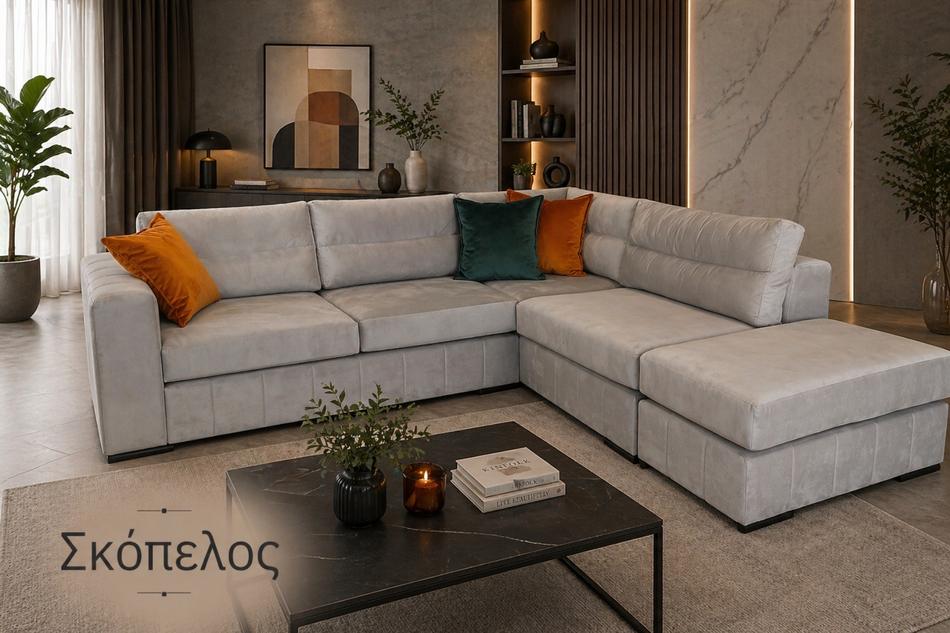 Γωνιακός καναπές «Σκόπελος» σε μπεζ — Έπιπλα Καψής, Αμαλιάδα Ηλείας